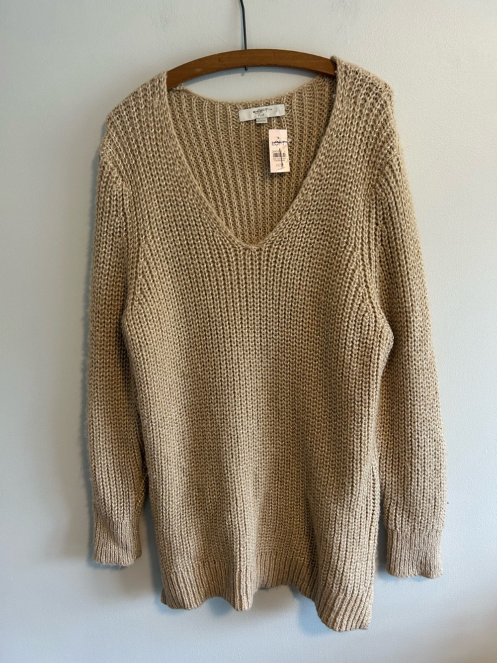 NEW loft plus tan & gold glittery V-Neck pullover Knit Sweater